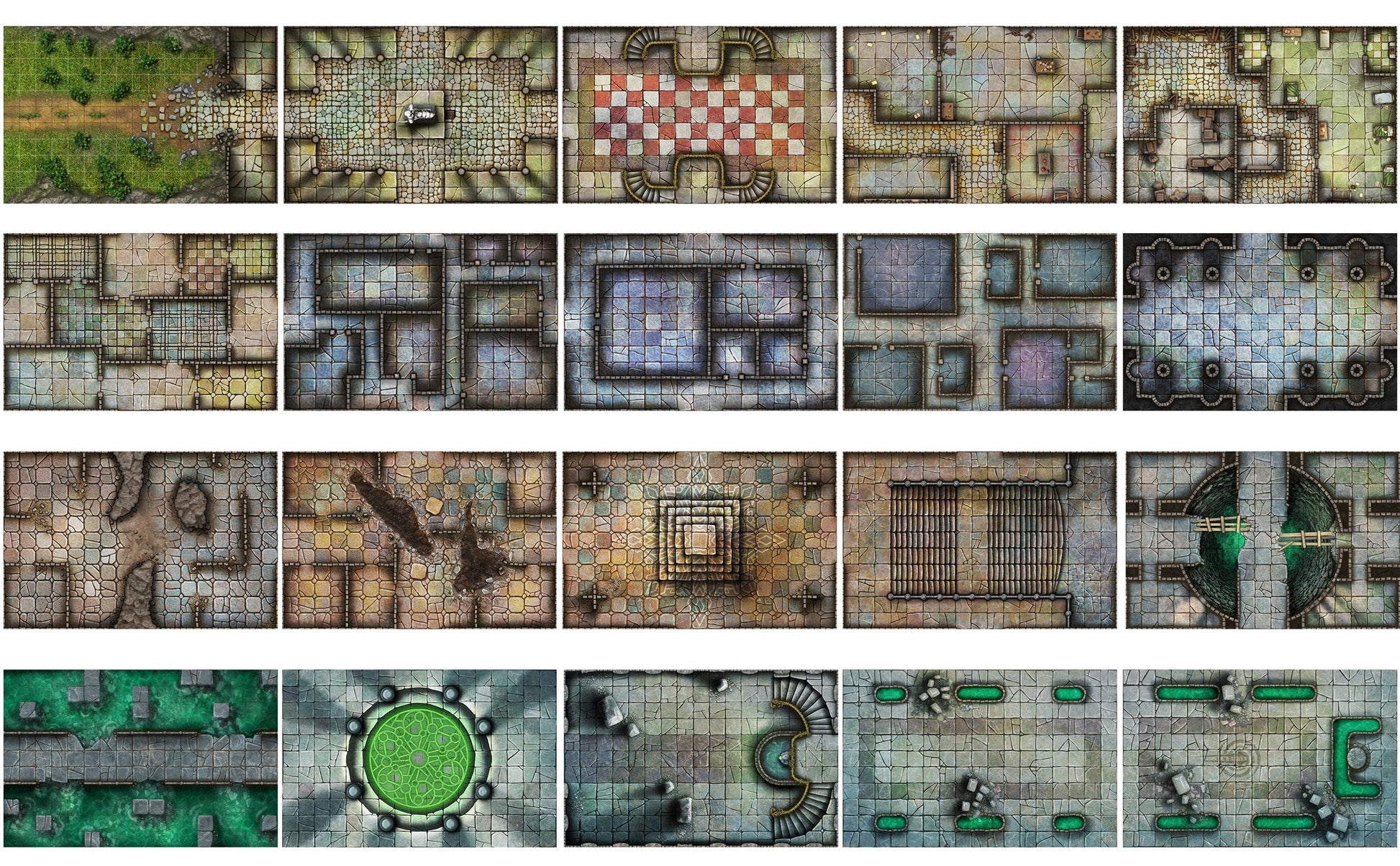 Collection of fantasy dungeon and outdoor terrain map tiles for tabletop roleplaying games