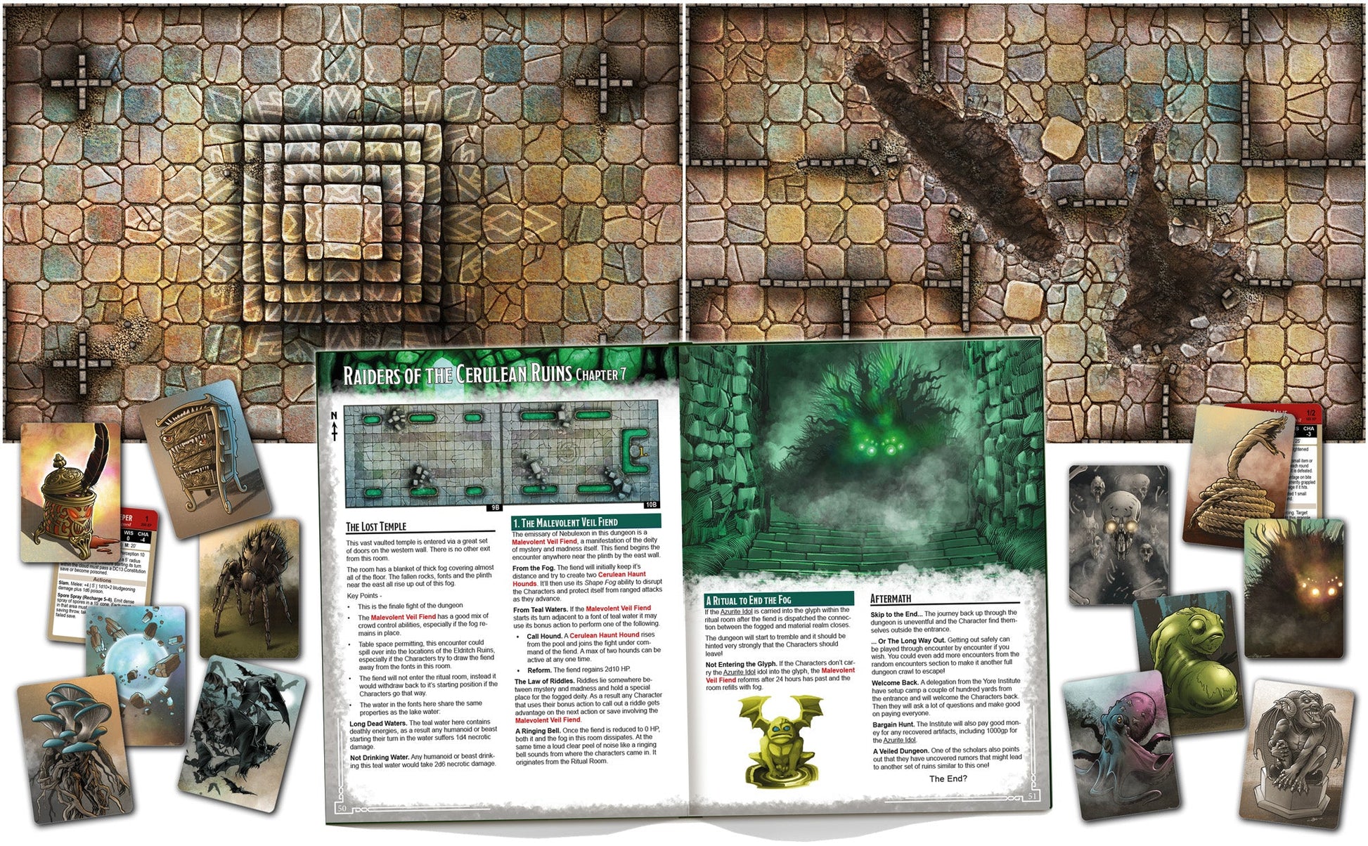 Overhead view of a fantasy dungeon map with rule text and creature cards laid out for tabletop play