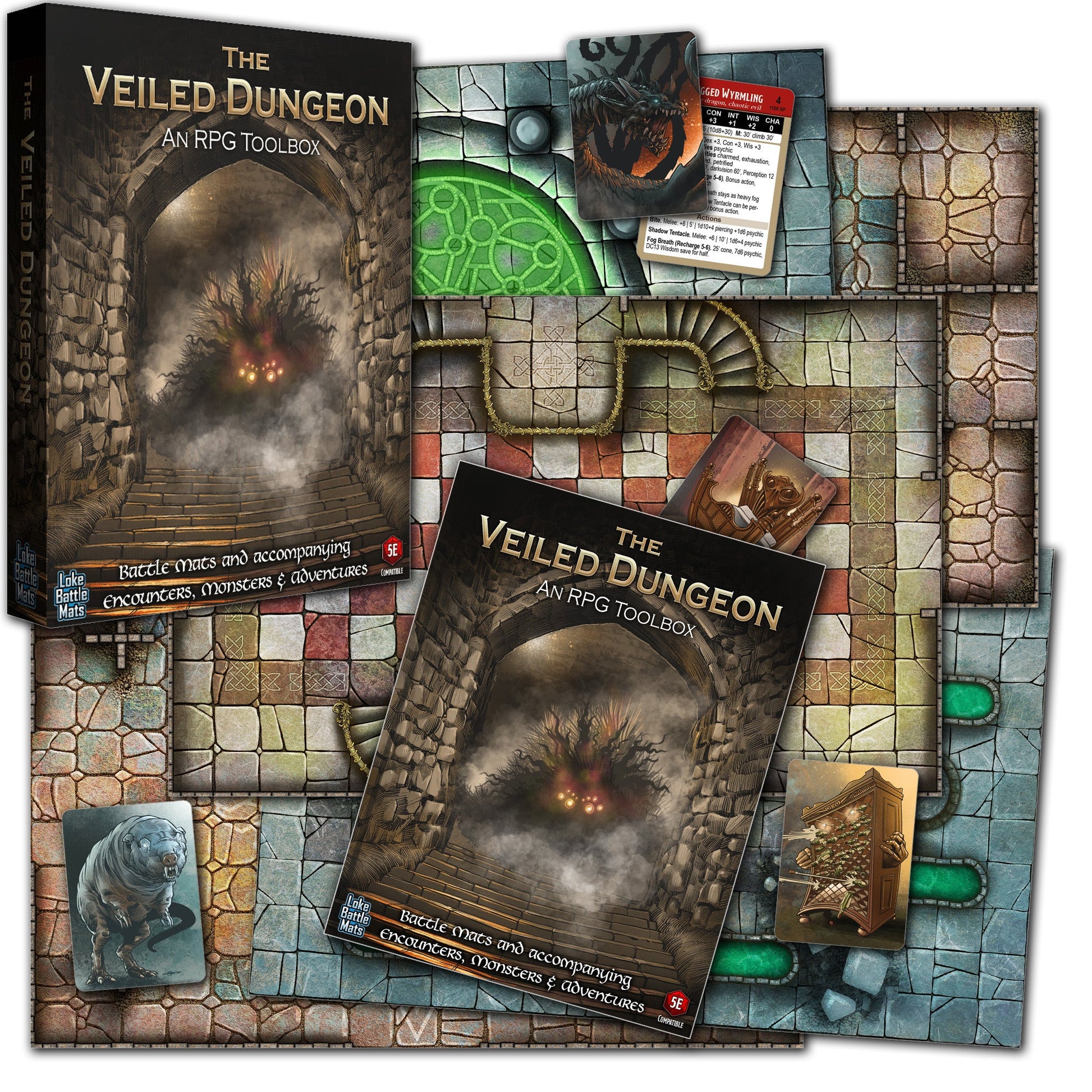 The Veiled Dungeon RPG Toolbox box set battle mats and cards with monster art and stats