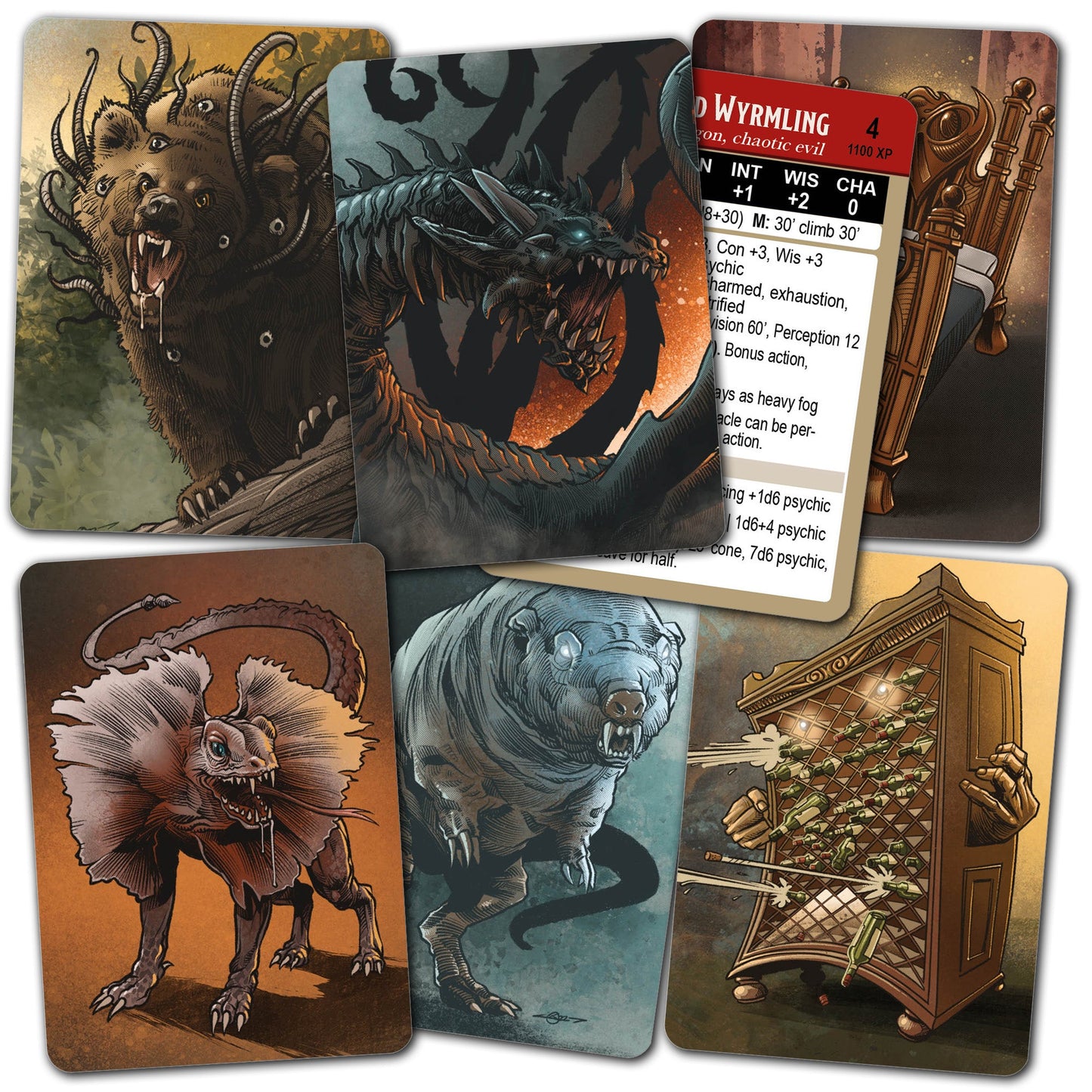 Six monster trading cards featuring fantasy creatures like a multi-eyed bear a dragon a frilled lizard and a furry quadruped stacked diagonally
