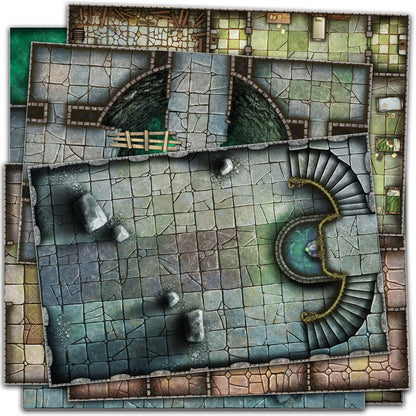 Overlapping fantasy roleplaying game battle maps showing dungeon interiors with stone floors stairs water and various room layouts
