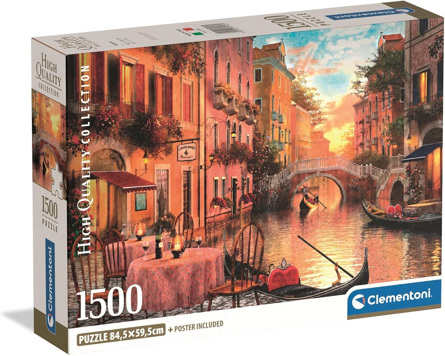 Clementoni High Quality Collection 1500-piece puzzle box: Vibrant Venice canal scene at sunset with a gondola, bridge, and historic buildings