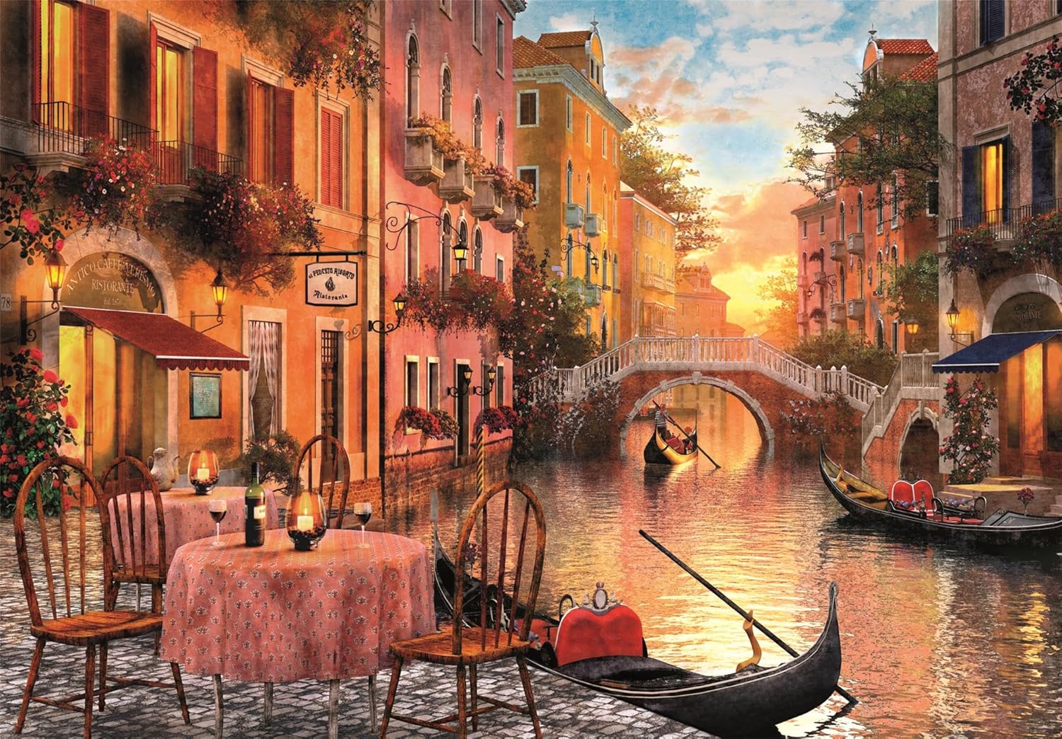 Venice canal at sunset with colorful historic buildings, a gondola being rowed, and an outdoor cafe