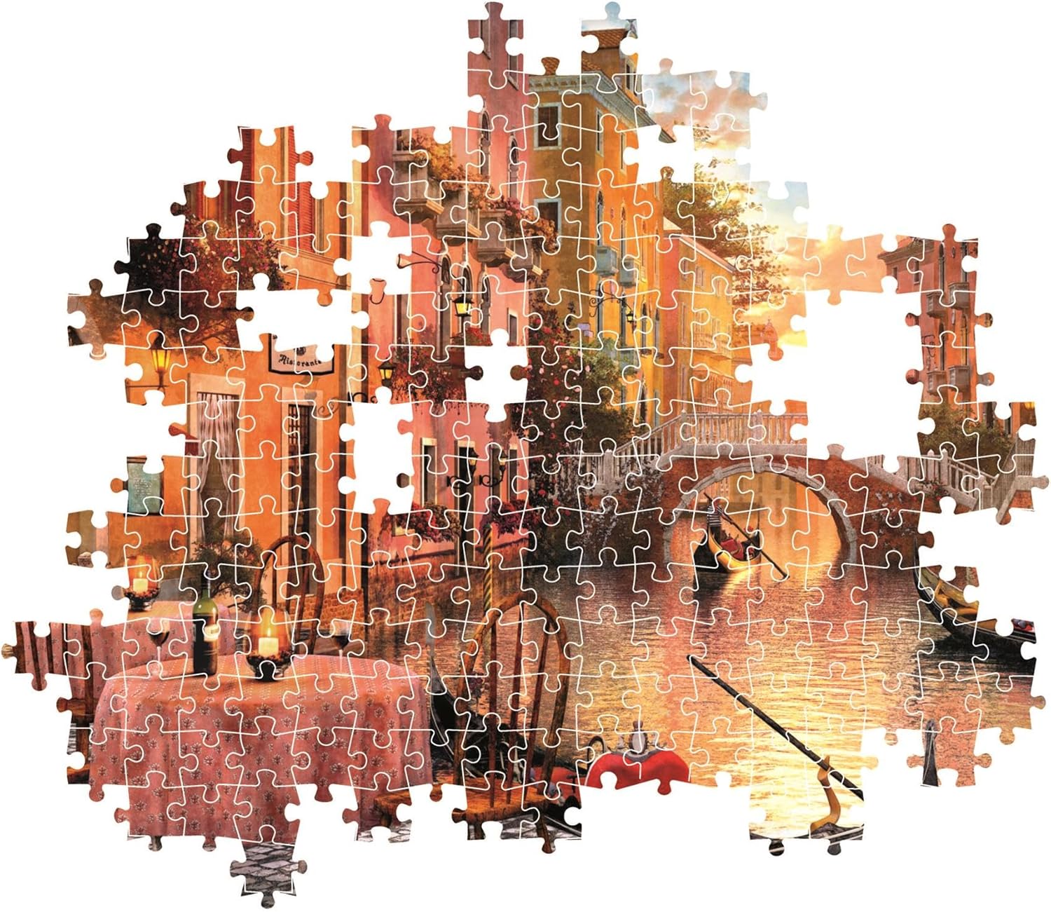 An incomplete jigsaw puzzle depicting a Venetian canal scene at sunset with gondolas, buildings, and a bridge
