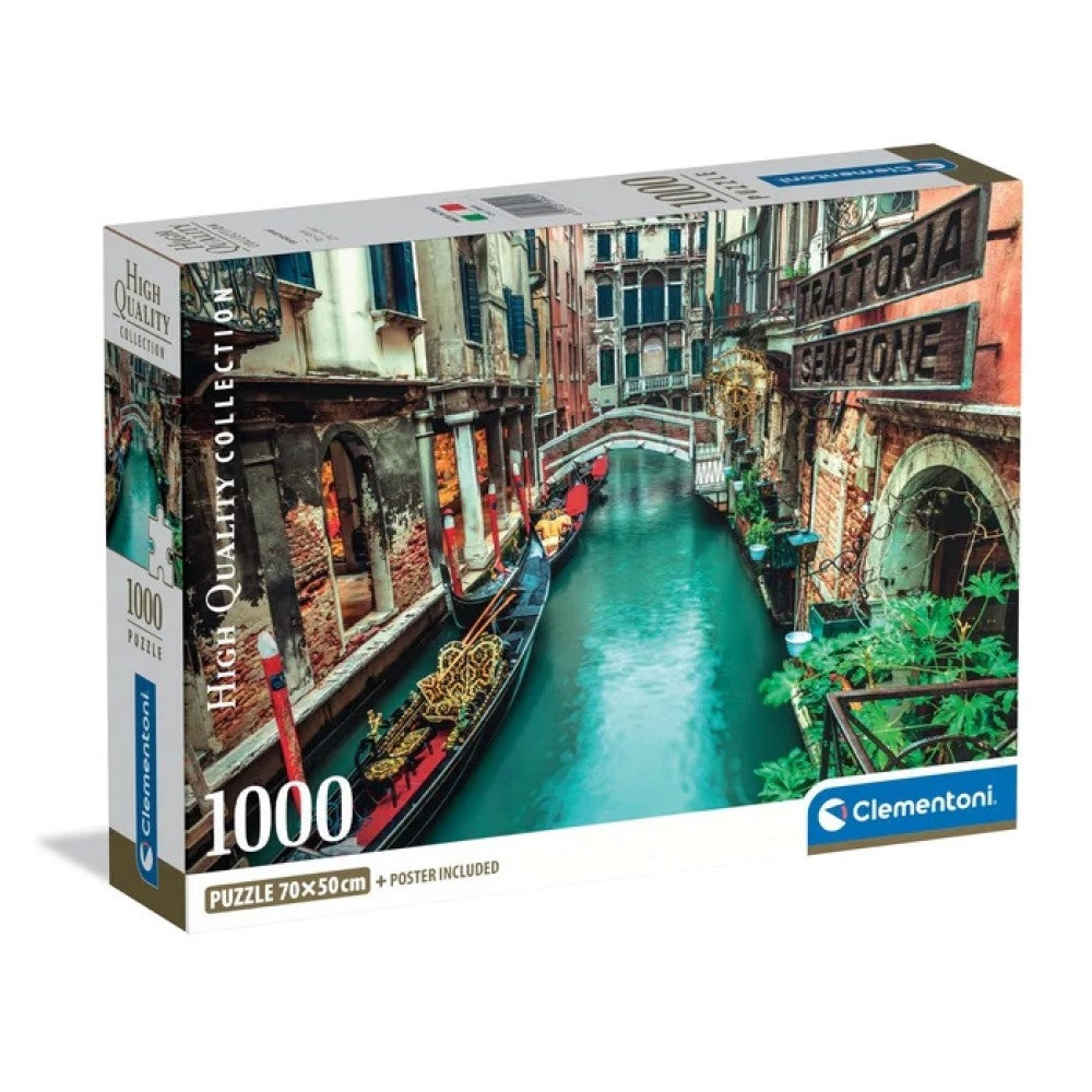 Clementoni 1000-piece puzzle box showing a scenic Venetian canal with gondolas, historic buildings, and a bridge.