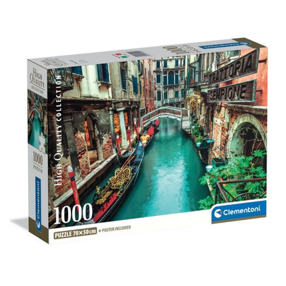 Clementoni 1000-piece puzzle box showing a scenic Venetian canal with gondolas, historic buildings, and a bridge.