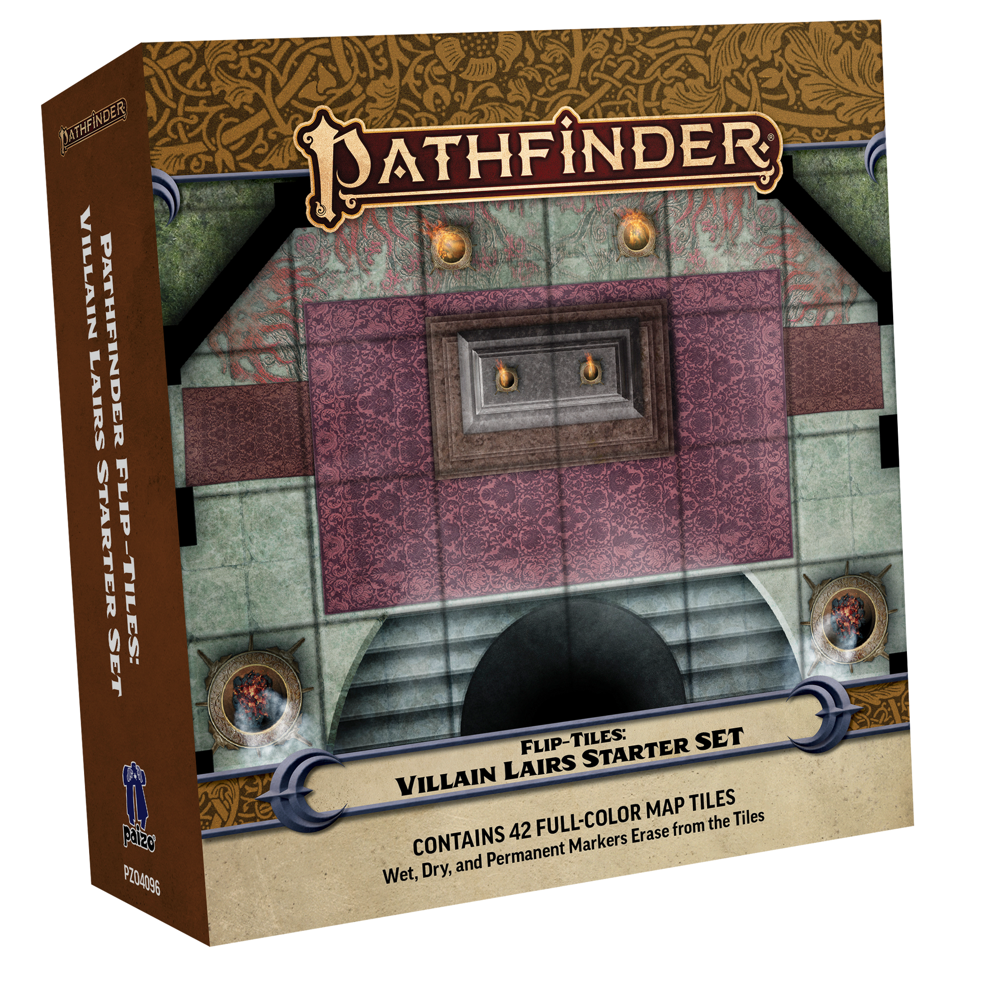 Pathfinder Flip-Tiles: Villain Lairs Starter Set box, showing a top-down fantasy map with purple floors, stairs, and torches.