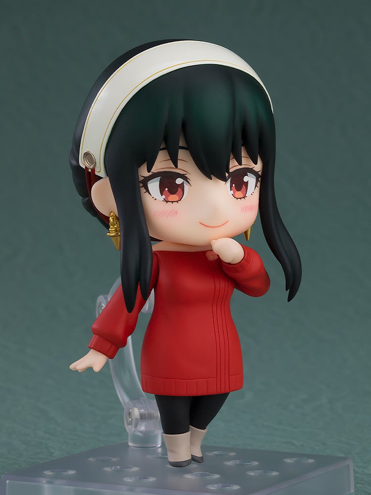 Nendoroid figure of Yor Forger in a red sweater, smiling sweetly with her hand near her cheek