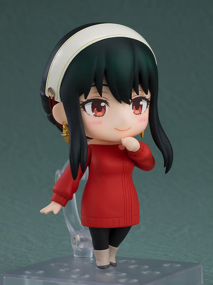 Nendoroid figure of Yor Forger in a red sweater, smiling sweetly with her hand near her cheek