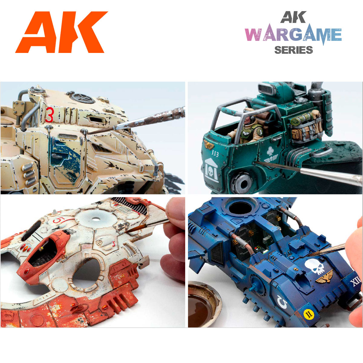 Hands using fine brushes to paint and weather diverse miniature wargame vehicles