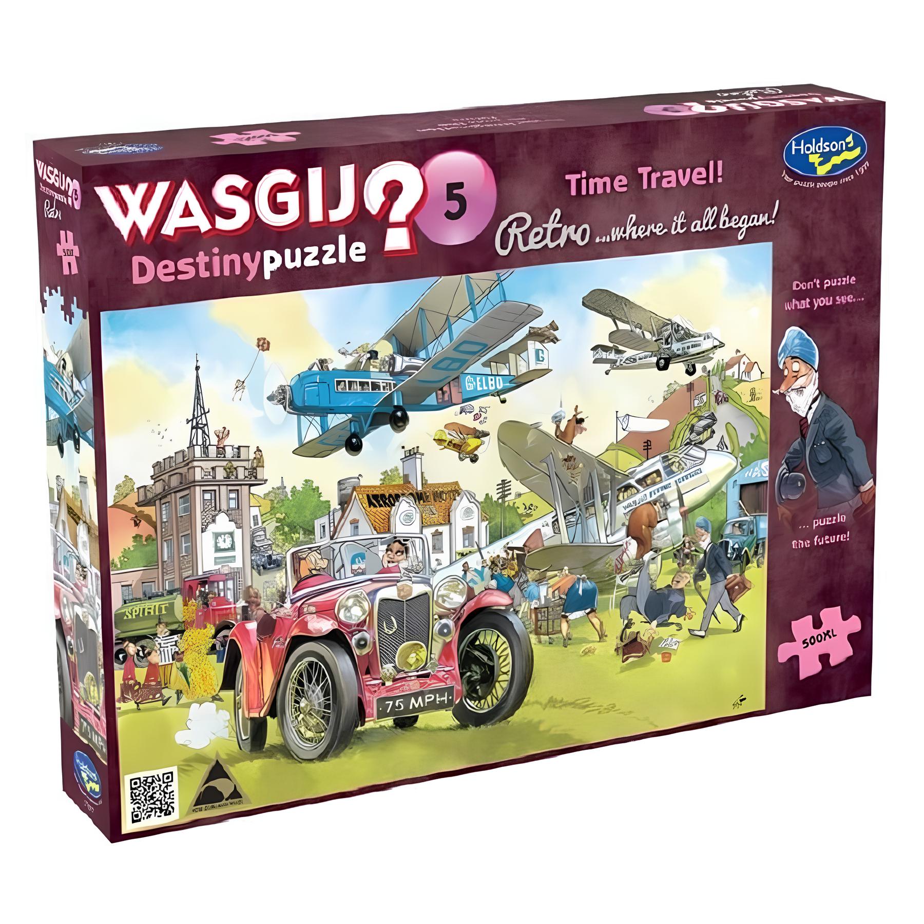 Wasgij? Destiny 5 puzzle box, showing a lively retro time travel cartoon with vintage planes, a red car and people