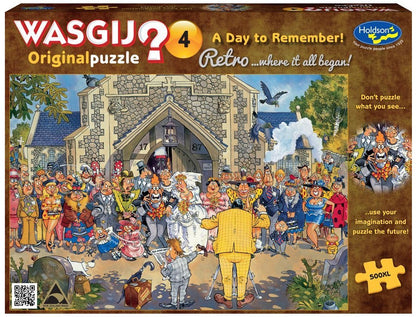 Wasgij puzzle box: Humorous cartoon wedding outside a church with many exaggerated guests, seen from a spectator's view