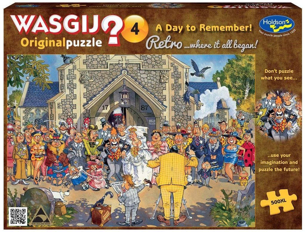 Wasgij puzzle box: Humorous cartoon wedding outside a church with many exaggerated guests, seen from a spectator's view