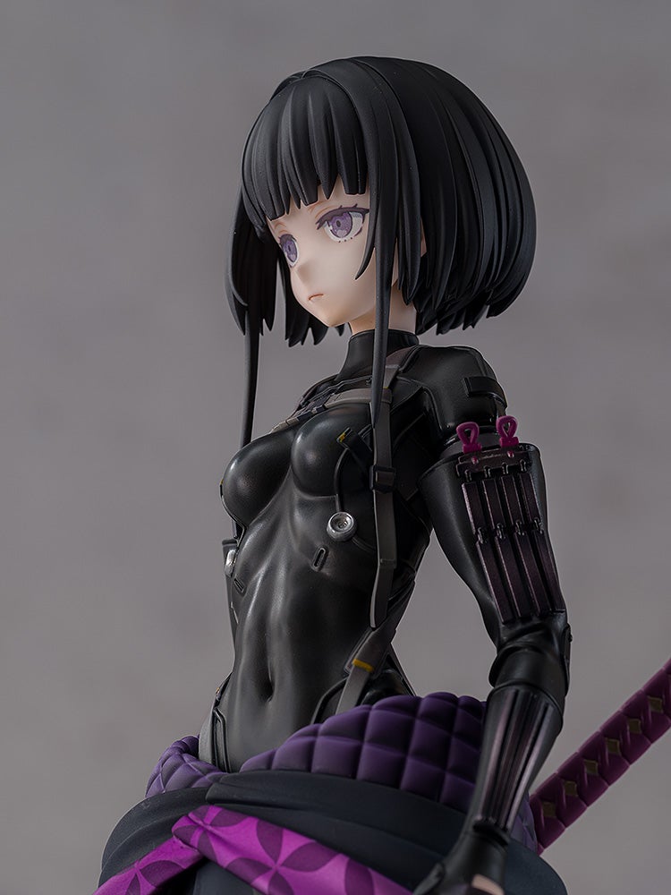 Anime female figurine: black bob hair, purple eyes, black tactical suit, purple sash, and katana, gazing left