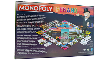 Monopoly Penang board game box back. Mr. Monopoly gestures towards a detailed game board