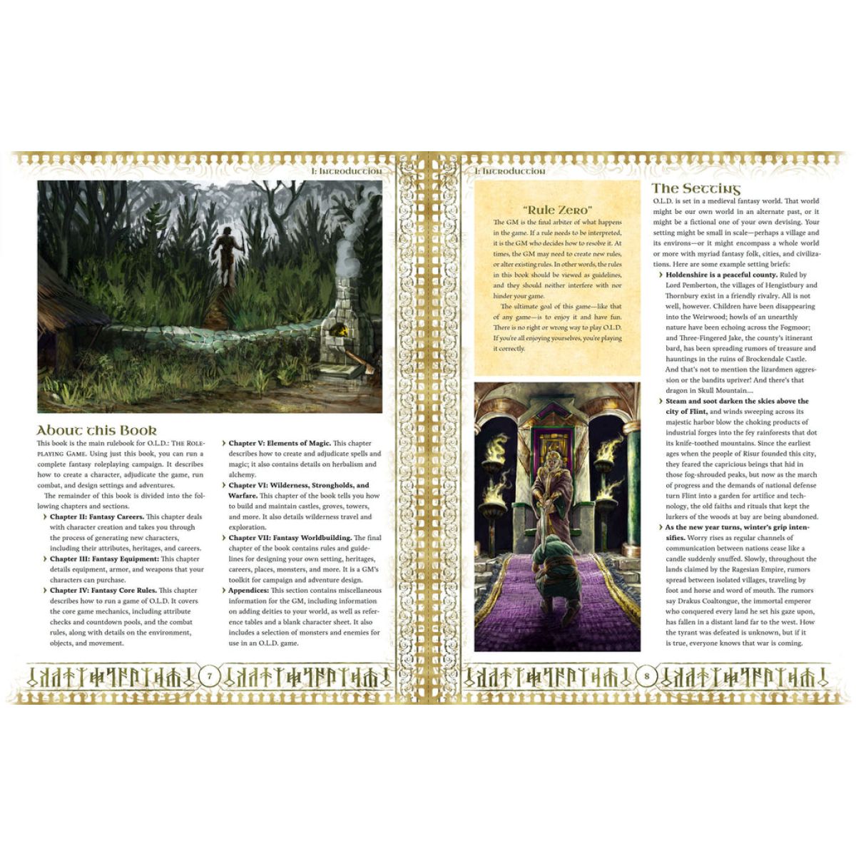 A fantasy RPG book page shows a traveler walking through tall reeds and two robed figures interacting in a grand temple