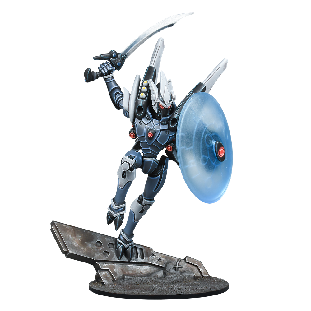 Dark armored sci-fi warrior with red eyes, wielding a silver sword and blue energy shield, posed dynamically on a base