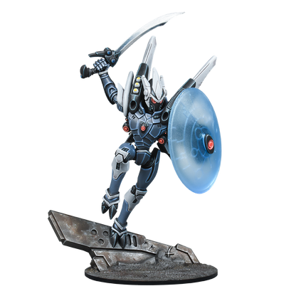 Dark armored sci-fi warrior with red eyes, wielding a silver sword and blue energy shield, posed dynamically on a base