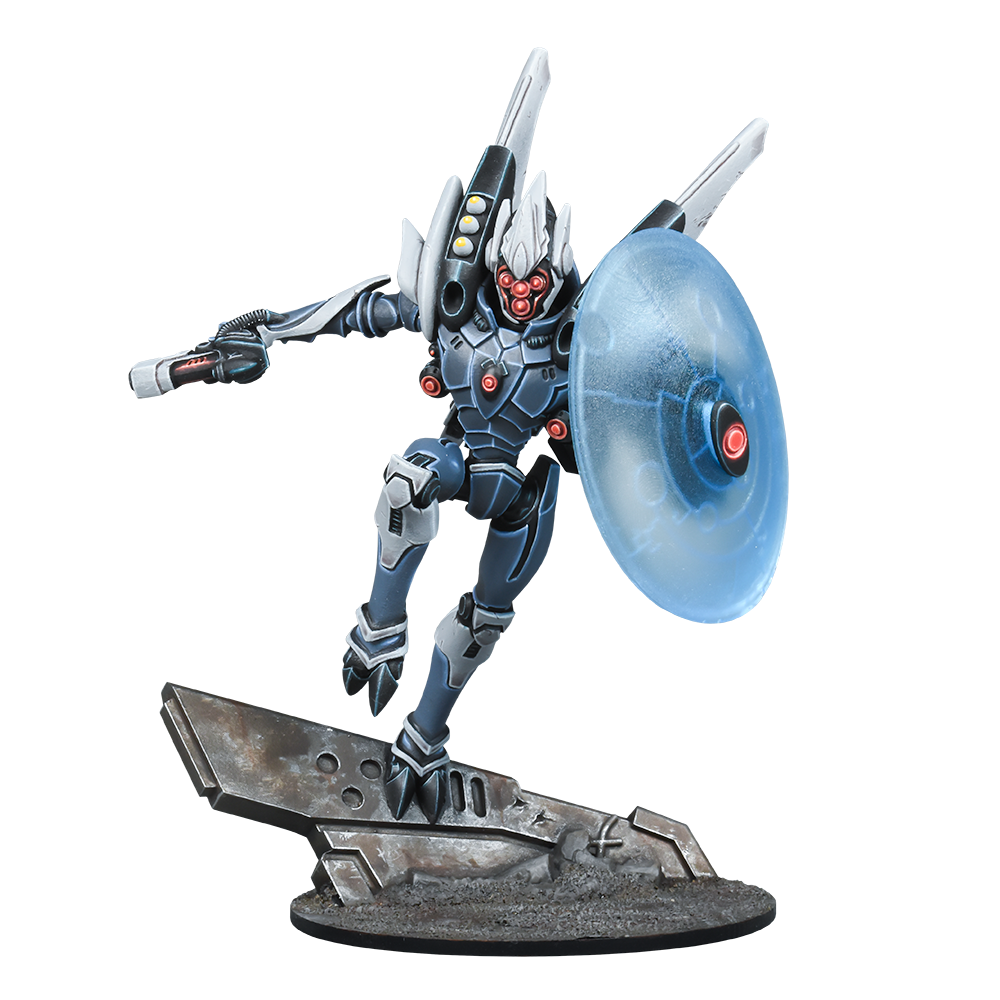 Dark gray and white robot miniature with red eyes, holding a gun and a glowing blue shield, lunging forward
