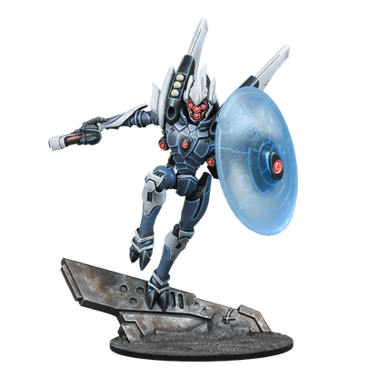 Dark gray and white robot miniature with red eyes, holding a gun and a glowing blue shield, lunging forward