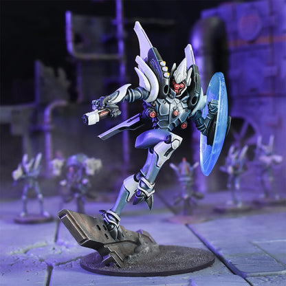 A gray and white sci-fi robot miniature leaps with a gun and glowing blue shield on a ruined base in purple light