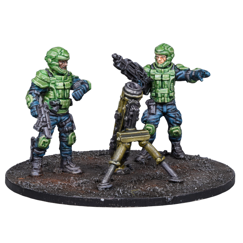 Two sci-fi soldier miniatures in green armor, One operates a mortar, the other directs, They stand on a textured base