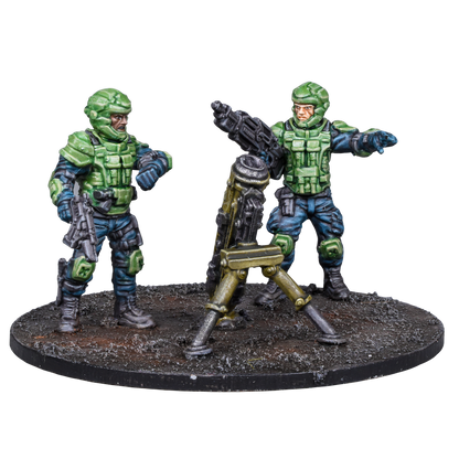Two sci-fi soldier miniatures in green armor, One operates a mortar, the other directs, They stand on a textured base