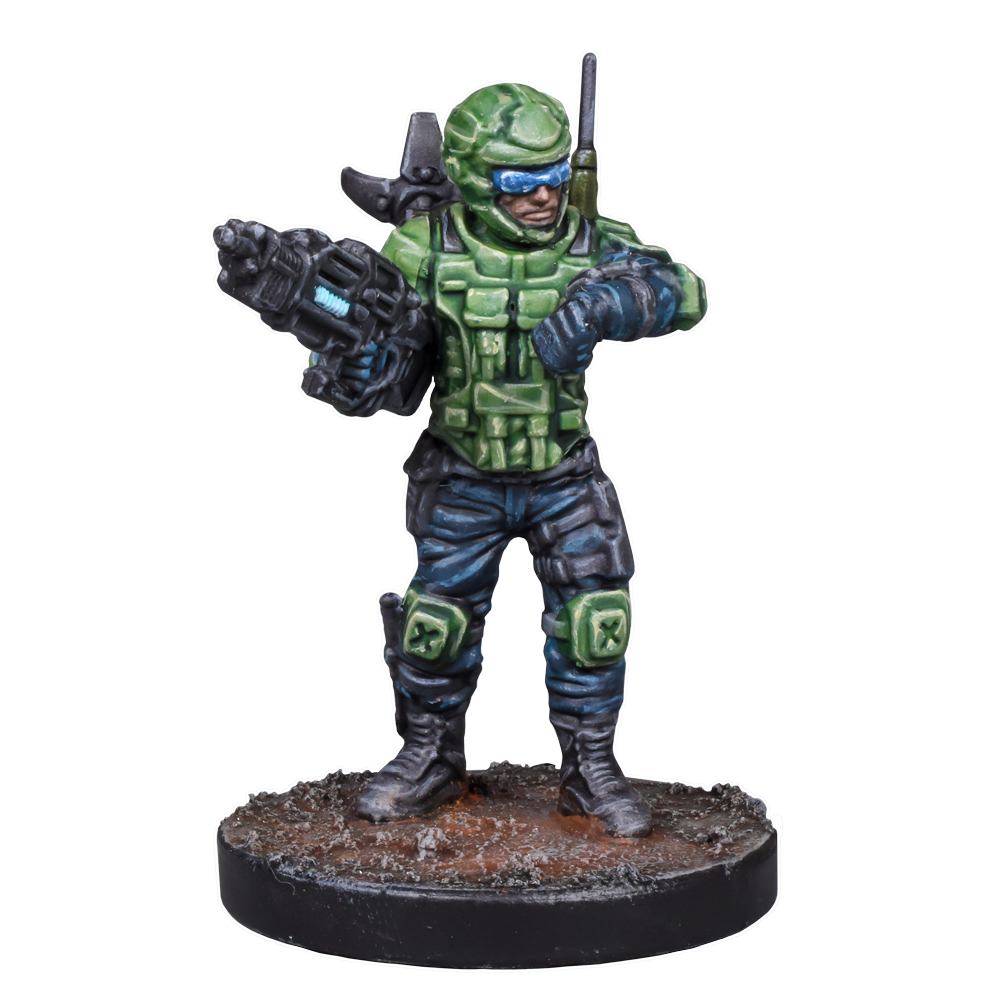 A futuristic soldier miniature in green armor holds a blaster and checks a wrist device