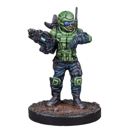A futuristic soldier miniature in green armor holds a blaster and checks a wrist device