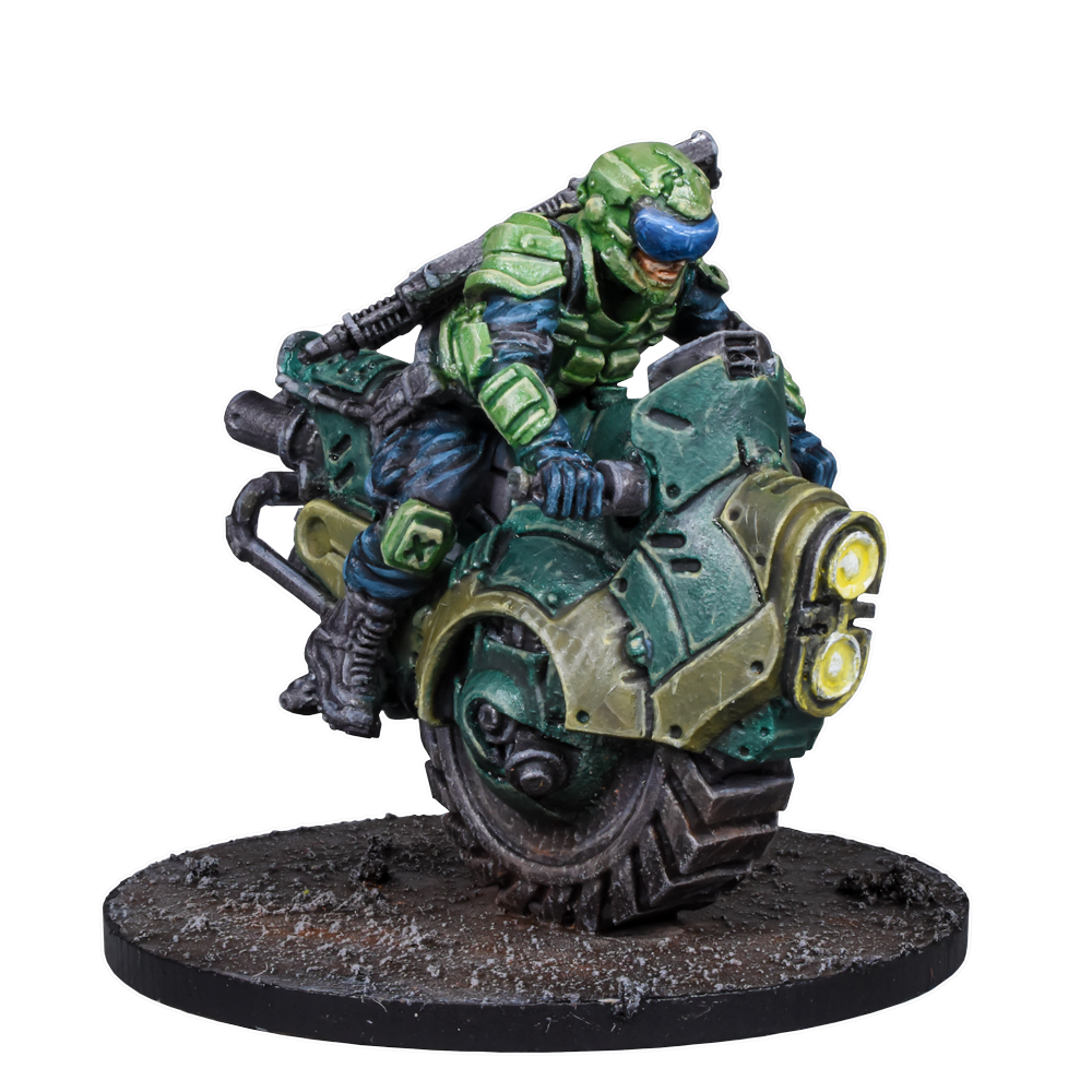 A sci-fi miniature of a soldier in green armor and a blue visor riding a dark green armored motorcycle