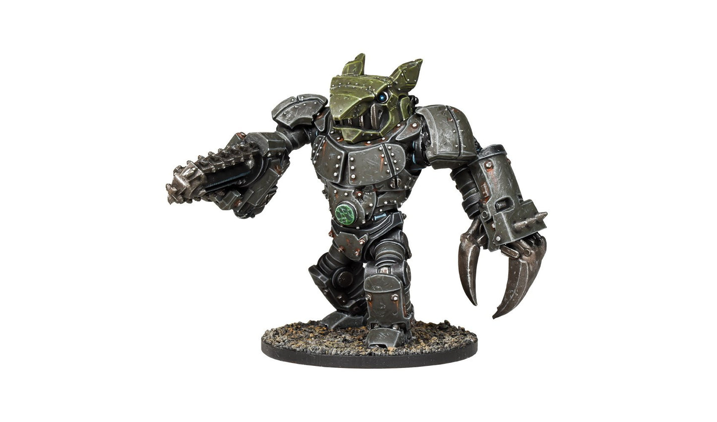 A dark grey armored robot miniature with a green, beast-like head, a drill on its right arm, and a claw on its left