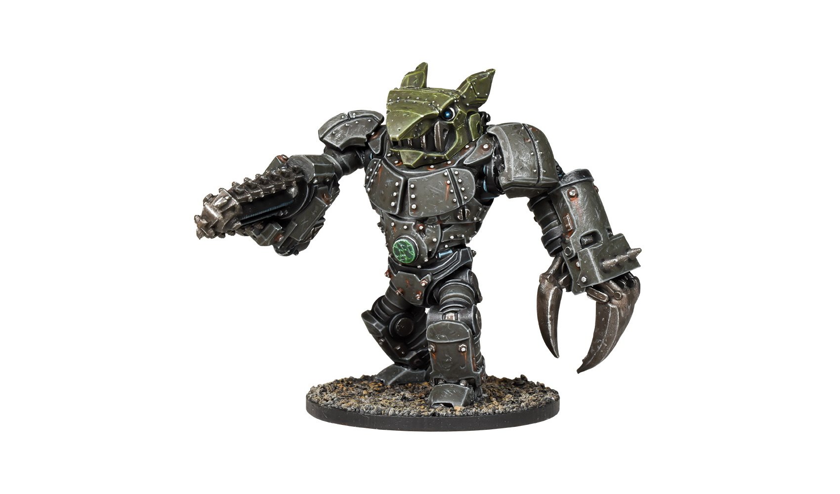 A dark grey armored robot miniature with a green, beast-like head, a drill on its right arm, and a claw on its left