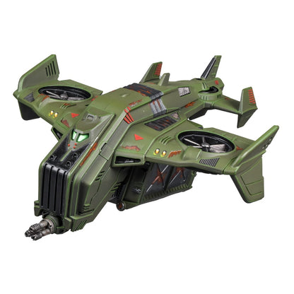 A rugged, olive green futuristic gunship with vertical rotors and a front-mounted cannon, showing distressed paint