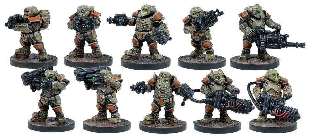 Ten miniature, heavily armored sci-fi soldiers in olive green and orange, holding various futuristic weapons.