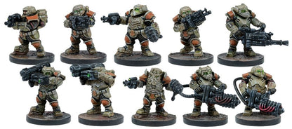 Ten miniature, heavily armored sci-fi soldiers in olive green and orange, holding various futuristic weapons.