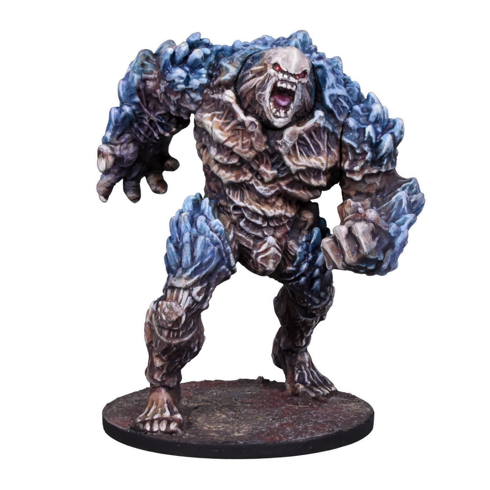 A detailed miniature of a roaring rock creature with blue crystal formations, red eyes, and a powerful stance