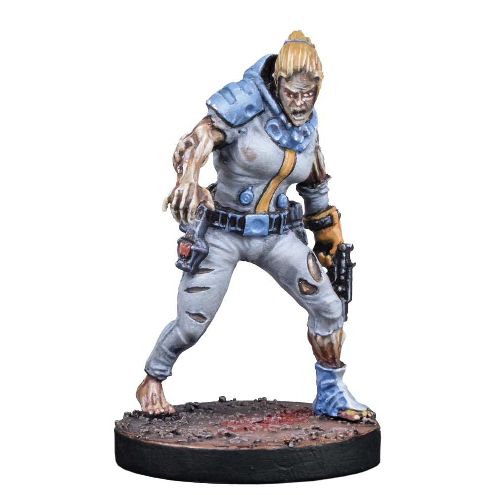 Miniature of a female mutant with glowing eyes and decaying flesh, in a ripped suit, holding two pistols on a bloody base