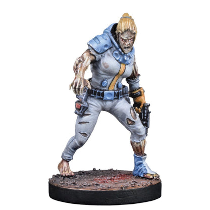 Miniature of a female mutant with glowing eyes and decaying flesh, in a ripped suit, holding two pistols on a bloody base