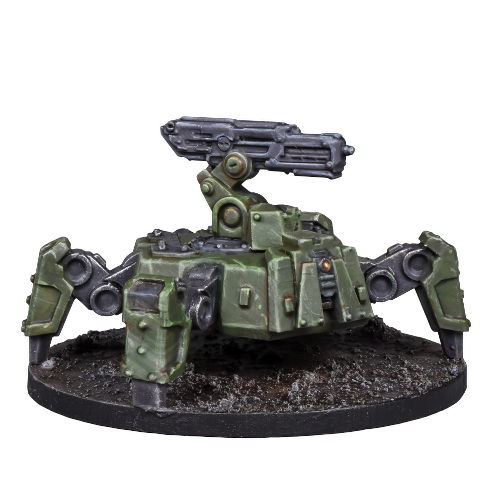 A green, four-legged combat drone miniature with a large mounted gun, resting on a textured base