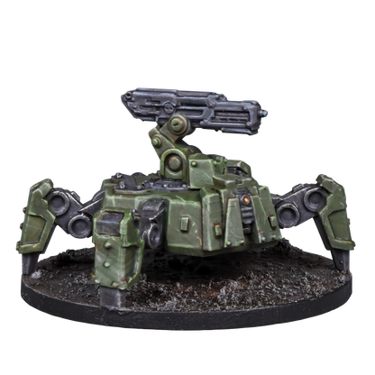 A green, four-legged combat drone miniature with a large mounted gun, resting on a textured base