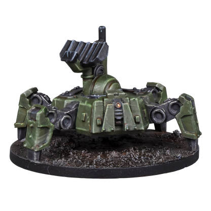 A green spider-tank miniature with a top-mounted weapon turret, on a textured brown base