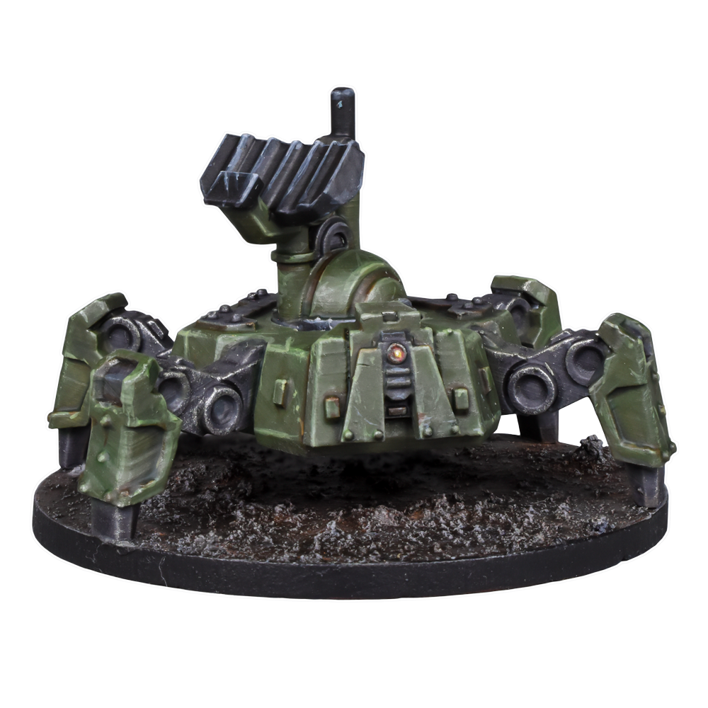 Green multi-legged sci-fi miniature tank with a weapon turret, on a textured base