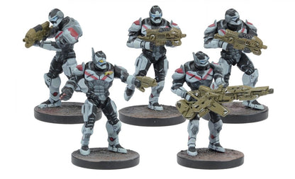 Five sci-fi armored miniatures, gray/black/white with red 'X' accents, standing ready with large rifles.