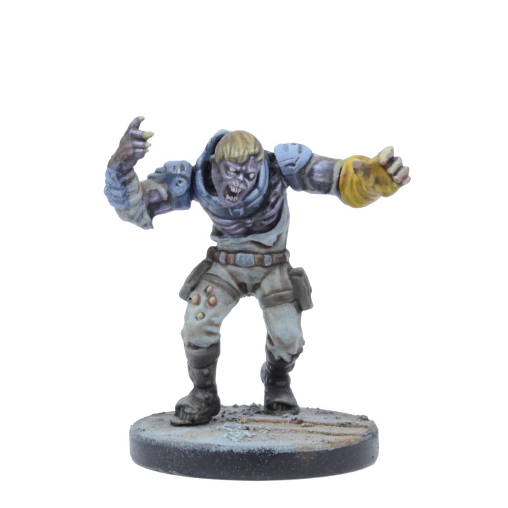 A miniature of a zombie in blue armor and tattered clothes, with a yellow gauntlet, reaching forward