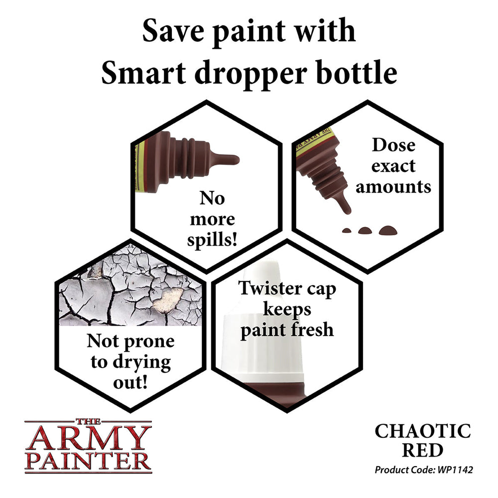 An image showcasing The Army Painter's "Chaotic Red" smart dropper paint bottle, highlighting its no-spill, precise dosing, fresh paint, and anti-drying features