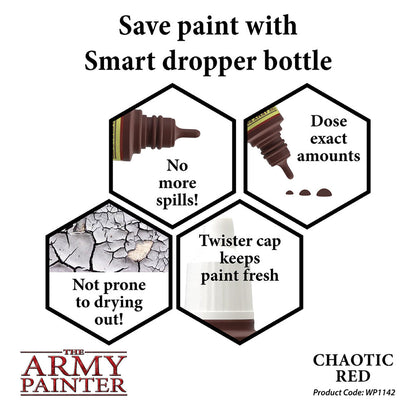 An image showcasing The Army Painter's "Chaotic Red" smart dropper paint bottle, highlighting its no-spill, precise dosing, fresh paint, and anti-drying features