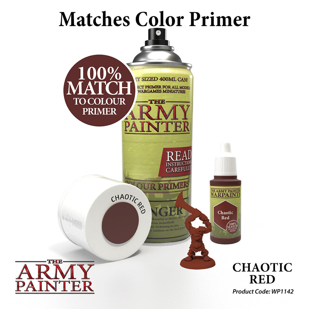 Army Painter Chaotic Red primer spray, paint bottle, color swatch, and miniature, showing a 100% match