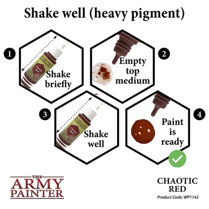 Guide to prepare Army Painter Chaotic Red (heavy pigment): brief shake, remove medium, shake well, paint ready