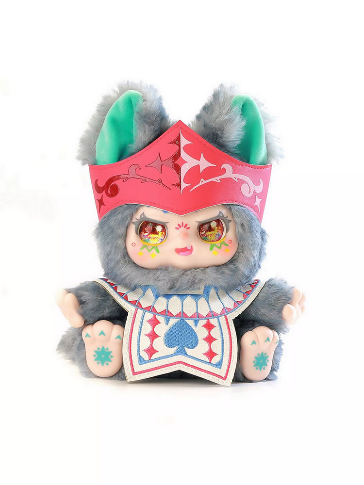 Furry gray doll with cat ears, wearing a red crown and a vest with a blue spade symbol
