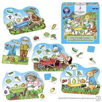 Orchard Toys Peter Rabbit Veg Patch Lotto matching game featuring Beatrix Potter characters collecting vegetable and fruit tiles into wheelbarrow game boards